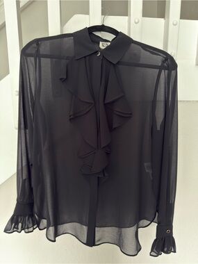 Anne Klein Black Sheer Ruffle Front Blouse